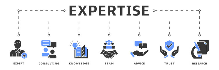 Expertise banner web icon vector illustration design concept representing high-level knowledge and experience with an icon of expert, consulting, knowledge, team, advice, trust, and research