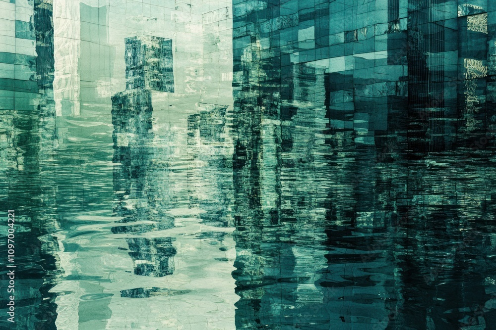 Poster abstract reflection of modern architecture in water, creating a serene visual effect.