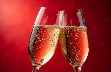 Two glasses of champagne on a red background. The concept of celebration