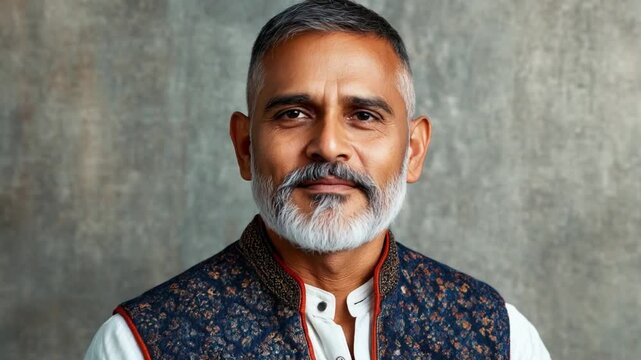 A mature indian man with a well-groomed beard wears a traditional outfit, smiling against a textured backdrop