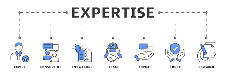 Expertise banner web icon vector illustration design concept representing high-level knowledge and experience with an icon of expert, consulting, knowledge, team, advice, trust, and research