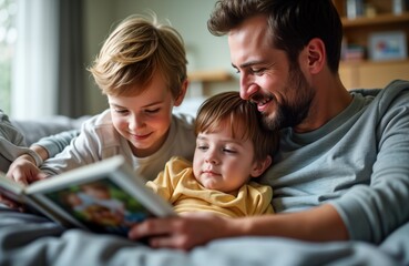 Obraz premium Mature father reads photo album with two sons. Family enjoys home time. Children cuddle dad on sofa. Happy family lifestyle. Caucasian dad plays with kids.