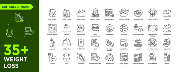 Weight Loss Stroke icon collections. Containing diet, manage weight, calories, healthy eating, cardio, fat burning, meal planning, body measurement and exercise icons. Editable Stroke icon collection