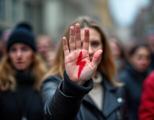 Woman protests abortion law changes in Poland. Red lightning hand symbol. Female activist demonstrates. Freedom rights fight. Poland strike. Social issue. Political movement.