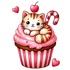 Illustration of pink frosted cupcake featuring cute cat, candy cane, hearts, and a cherry on top, symbolizing sweetness and fun.