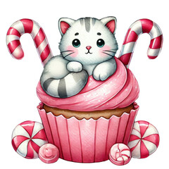 Illustration of pink frosted cupcake featuring cute cat, candy cane, hearts, and a cherry on top, symbolizing sweetness and fun.