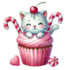 Illustration of pink frosted cupcake featuring cute cat, candy cane, hearts, and a cherry on top, symbolizing sweetness and fun.