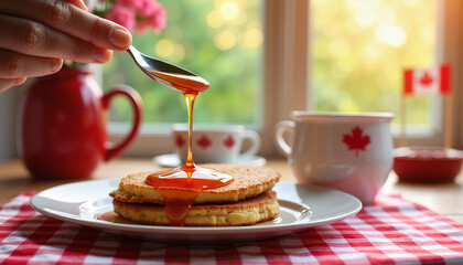Pouring Maple Syrup over Pancakes with Canadian Flag Decor in Cozy Breakfast Setting