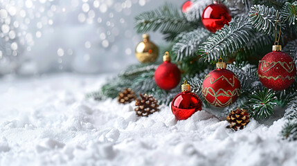 Christmas Tree with Balls and Ornaments on Snow Outside View 