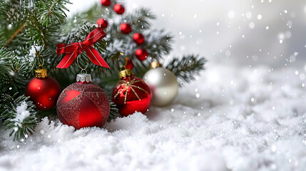 Christmas Tree with Balls and Ornaments on Snow Outside View 