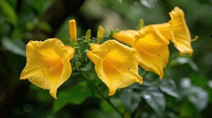 Close-up View of Yellow Flowers with Dew Drops