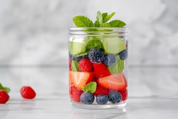 Healthy snack idea with mixed berries and melons served in a mason jar with a sprig of mint
