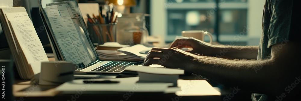 Poster a person typing on a laptop at a desk cluttered with papers and a cup.