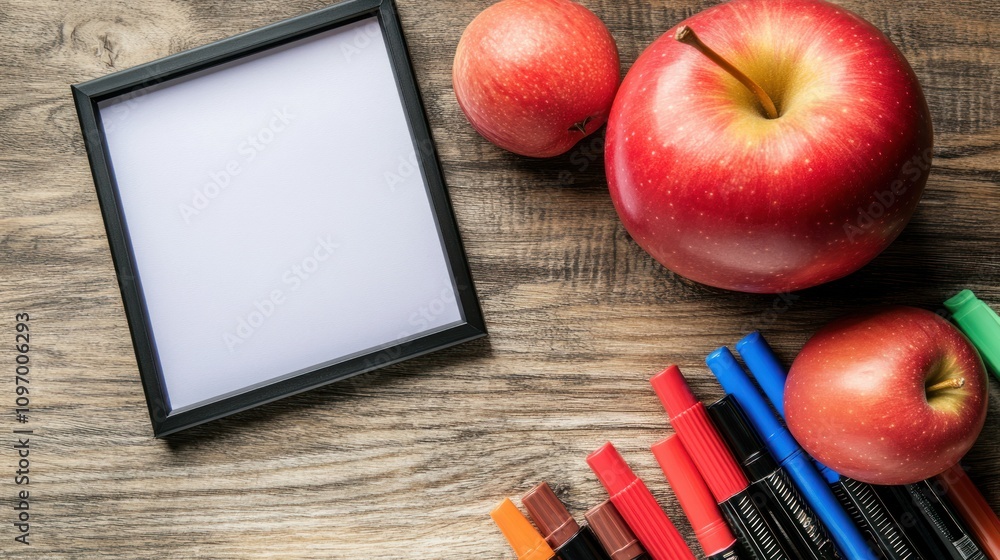 Poster a workspace with an empty frame, red apple, and colorful markers on a wooden surface.