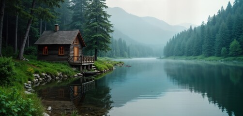 Fototapeta premium Wooden cabin lake house near calm water. Forest trees surround peaceful lake. Mountain view nature landscape. Tranquil cottage reflection in still water. Scenic getaway escape.