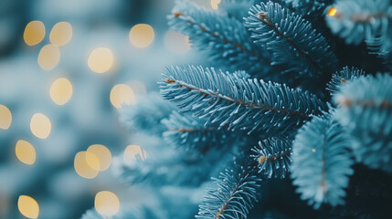 Close-up of green fir branches against the backdrop of Christmas lights