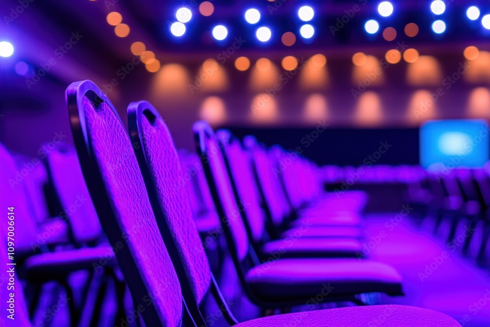 Poster a row of purple chairs set up for an event under ambient lighting.