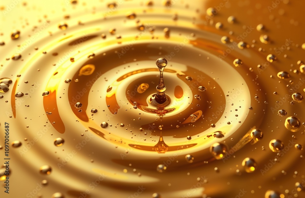 Aufkleber Golden liquid drop falls creating concentric circles ripples. Glossy surface reflects light. Abstract design. Luxury background. Oil water texture. Clean bright gold color. Perfect for beauty