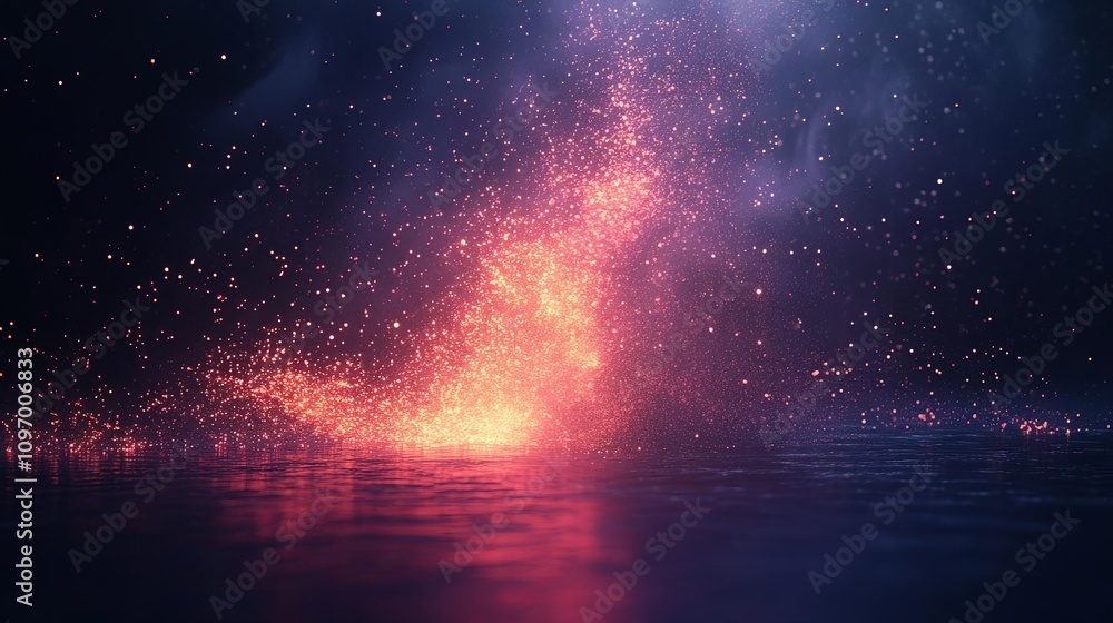 Poster a mesmerizing display of colorful lights reflecting on water, creating a mystical atmosphere filled 