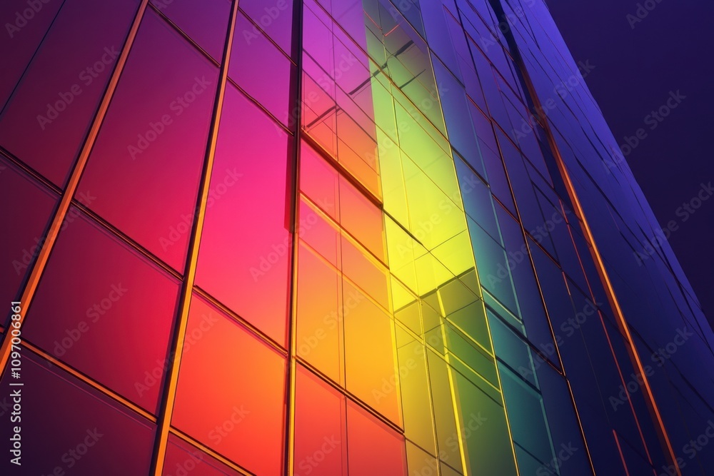 Poster a vibrant reflection on a modern glass building showcasing colorful light patterns.