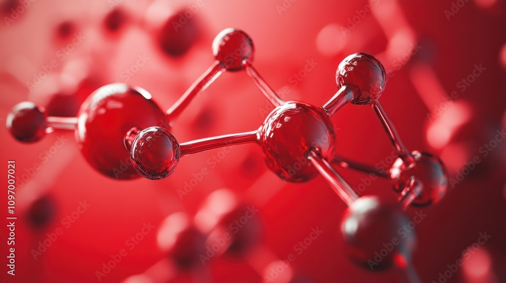 Poster abstract representation of molecular structures in red hues, symbolizing scientific concepts.