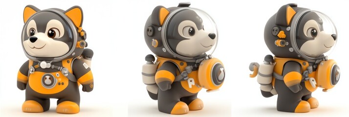 A cute cartoon dog in a space suit with a backpack, designed for playful adventures.