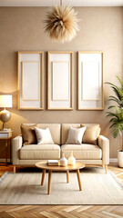 Mockup frame in Scandinavian living room interior, 3d render, white Mock up frame