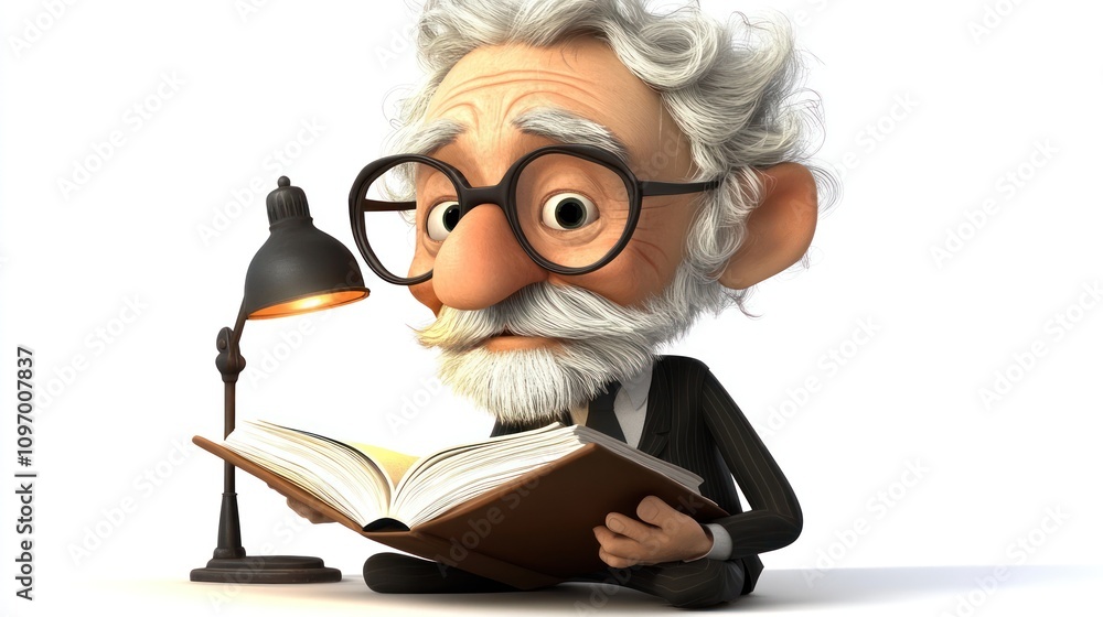 Poster a wise character reading a book under a lamp, embodying knowledge and contemplation.