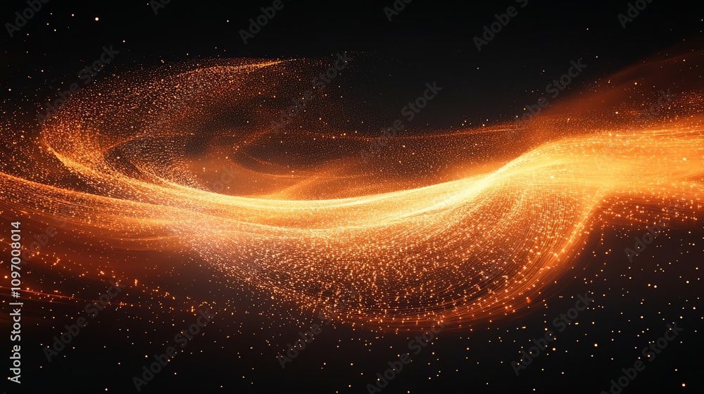 Poster a mesmerizing swirl of luminous orange particles creating an ethereal glow against a dark backdrop. 