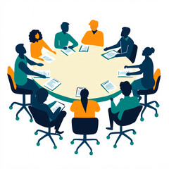 Abstract Illustration of Team Collaboration Around a Table with Colorful Speech Bubbles Representing Communication and Ideas