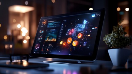 SAP software business Futuristic Desktop Monitor Displaying Data Visualizations and Analysis with Interactive Graphics in a Modern Office Setting During Evening Hours