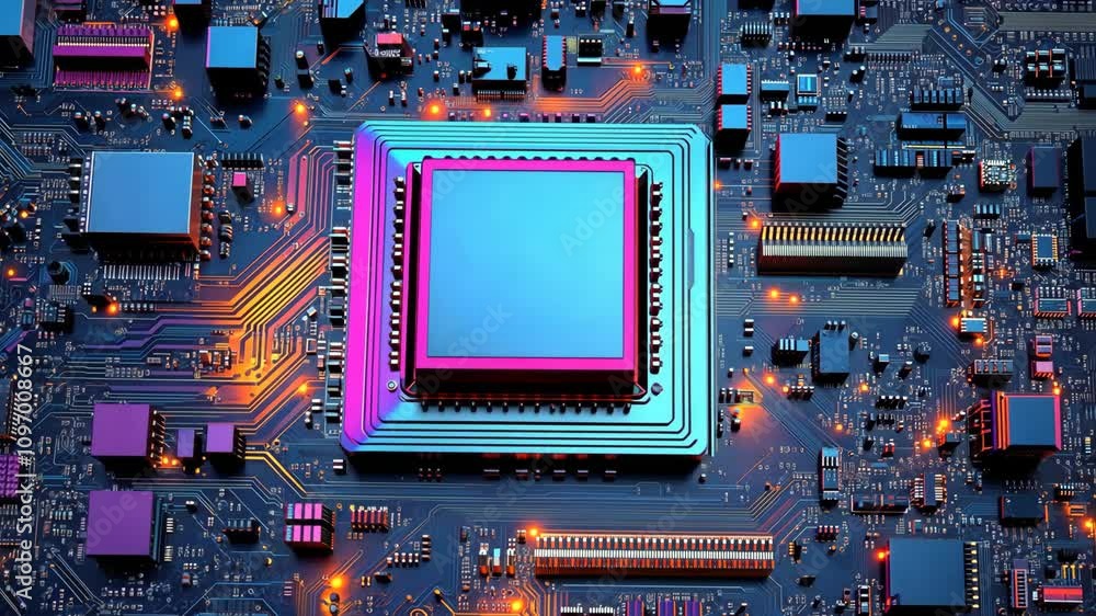 Poster close-up view reveals a central processing unit integrated into a complex circuit board