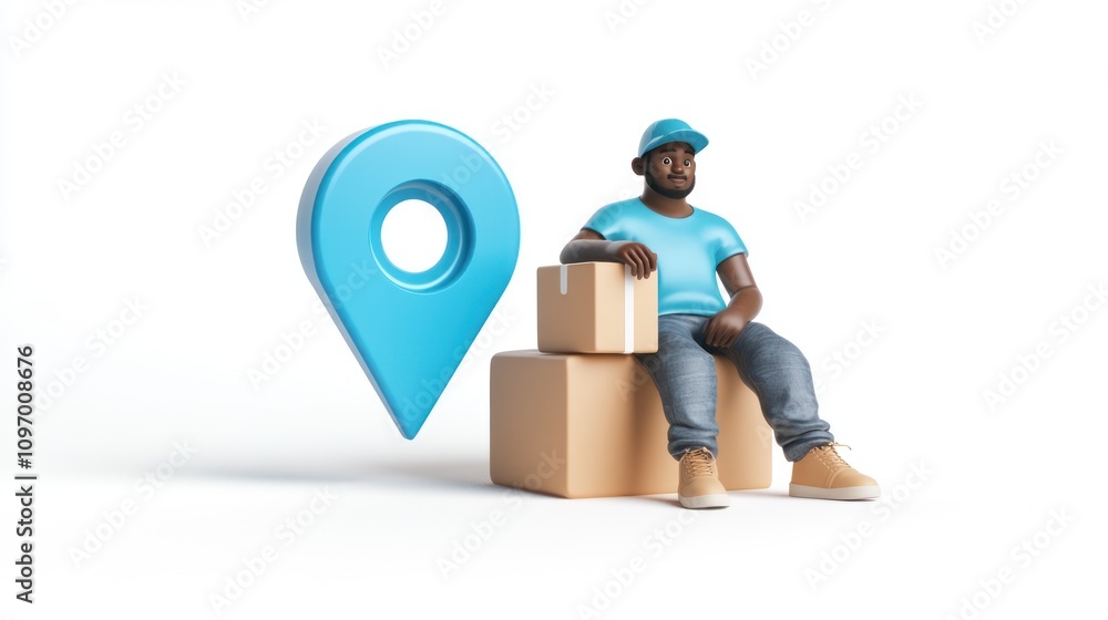 Poster A 3D character sitting on boxes next to a location pin icon, symbolizing delivery or logistics.