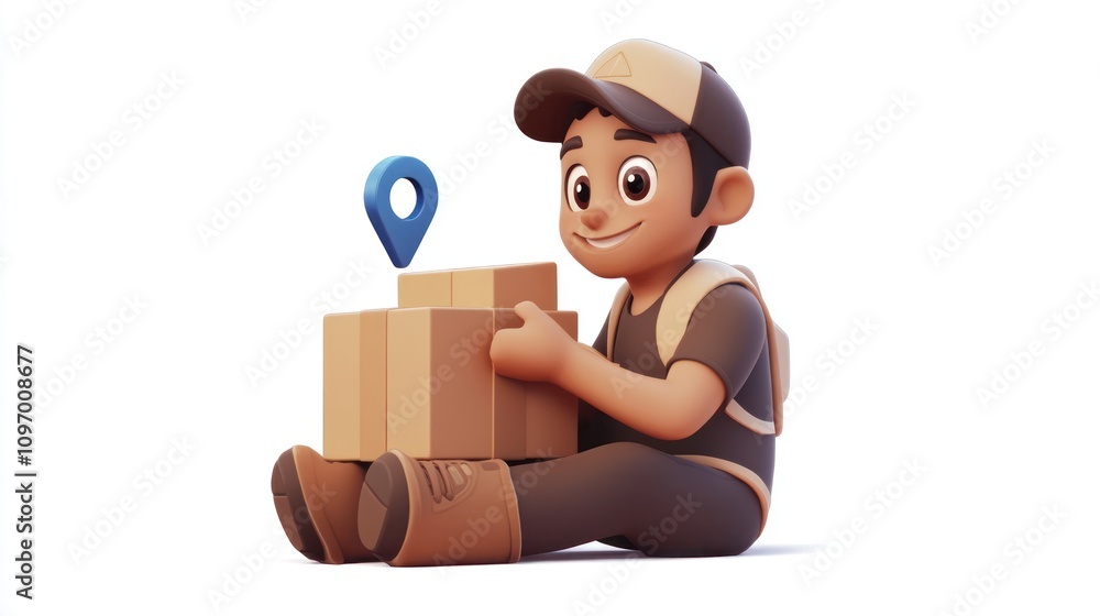 Poster A cheerful character sitting with boxes and a location pin, symbolizing delivery or logistics.