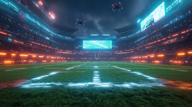 Futuristic Stadium Night Game Drone Surveillance - Powered by Adobe