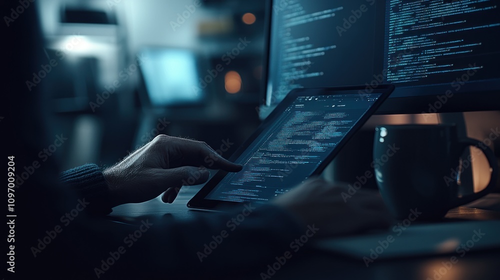 Aufkleber A person coding on a tablet while seated at a desk with a computer and a mug.