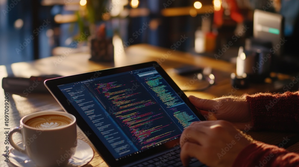 Aufkleber a person coding on a tablet with a coffee cup on a wooden table in a cozy environment.