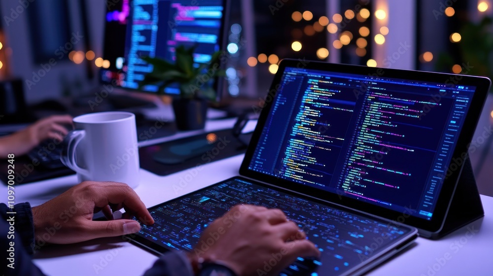 Poster A person coding on a tablet with a laptop in a modern workspace, illuminated by ambient lights.