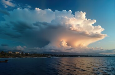 Obraz premium Large clouds cover sunset sky above calm sea. Boat floats on ocean water. Coastline features buildings trees. Dramatic weather scene. Nature photography. Summer vacation.