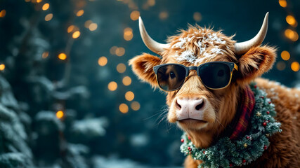 Cute cow cattle heifer bull highland longhorn with horns at Christmas in a snowy meadow field pasture in winter with cloudy sky decorated with a pine garland around its neck with red berries blossoms
