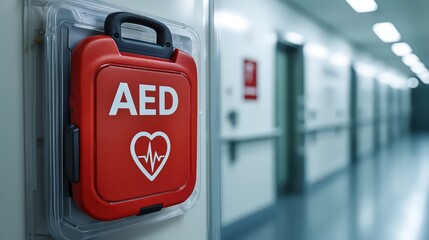 AED Medical Device in Hospital Corridor for Emergency Care