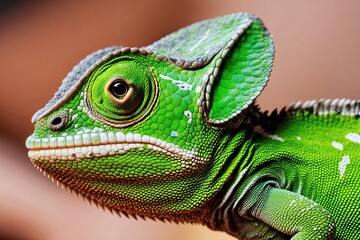 Fototapeta premium Detailed Closeup of Vivid Green Chameleon Eye and Skin Features