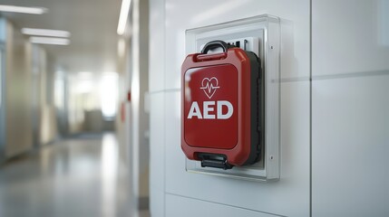 AED Medical Device in Hospital Corridor for Emergency Care