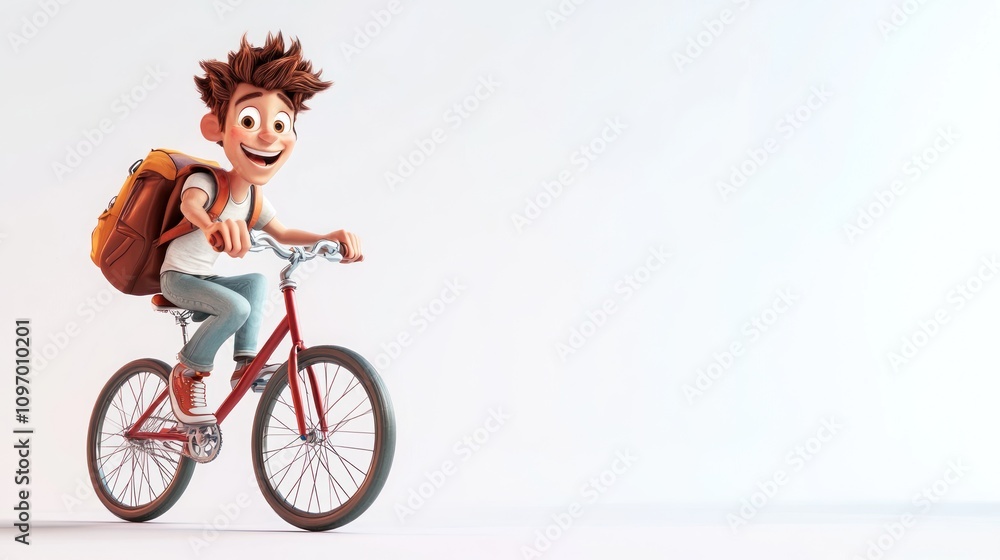 Poster a cheerful animated boy riding a bicycle with a backpack, conveying a sense of adventure.