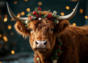 Cute cow cattle heifer bull highland longhorn with horns at Christmas in a snowy meadow field pasture in winter with cloudy sky decorated with a pine garland around its neck with red berries blossoms