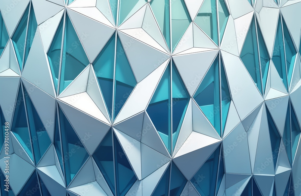Poster modern building facade geometric design. blue glass triangle panels. white angular structure. contem