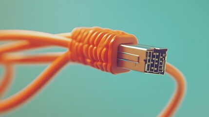 Close-up of an orange firewire cable connector against a teal background.