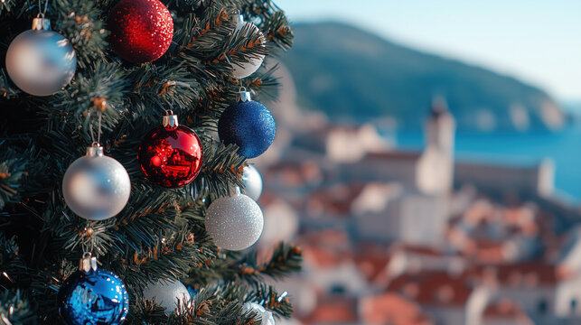 Fototapeta Close-up image of Christmas tree with blue, white and red ornaments on the background of Dubrovnik panorama
