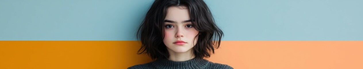 Portrait of a young woman with dark hair against colorful backdrop