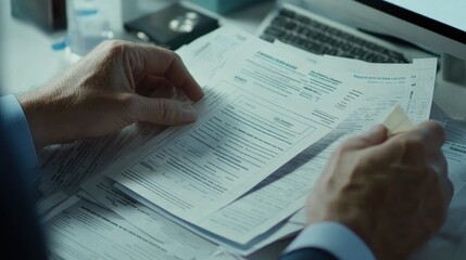 Naklejka premium Hands holding documents, likely for business or legal purposes, with a computer in the background.